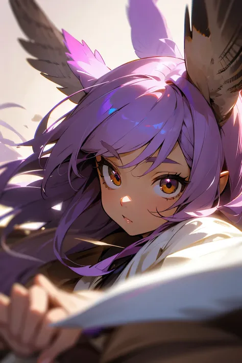 bird girl, long light purple hair, light brown skin, brown eyes, (owl ears), purple feathers, closeup shot