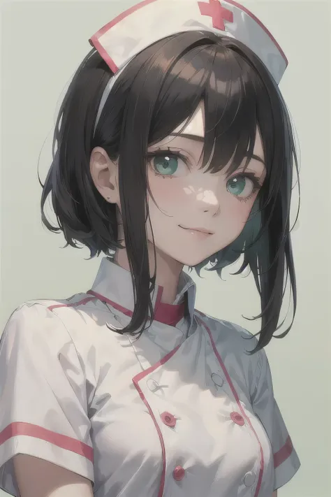 Portrait of a Girl,alone,20-year-old,Beautiful Face,Upper Body,Medium Sidecut, Black Hair, Sharp focus,Mint green nurse uniform、A shy smile、Gentle eyes、Droopy eyes