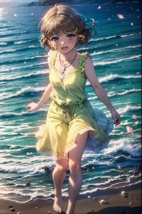 tomoekoga, Chie Koga, Long Hair, Brown Hair, blue eyes, Hair Clip,happy smile, smile, Open your mouth,Yellow tank top shirt,No sleeve,Shell Necklace,Yellow long skirt,barefoot,barefoot,Walking,True Summer,Daytime,Hair is fluttering in the wind,Sandy Beachで...