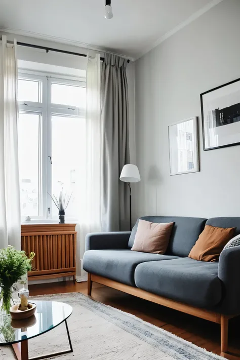 “ scandinavian living room style, pictures,
 couch, small glass window, city view,
 curtains, wooden floor, daylight, best
 quality, super detailed, ultra realistic ”