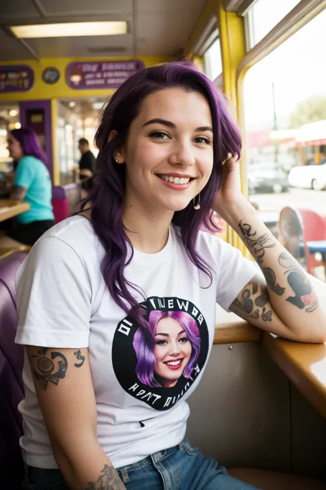 street photography photo of a young woman with purple hair, smile, happy, cute t-shirt, tattoos on her arms, sitting in a 50s diner