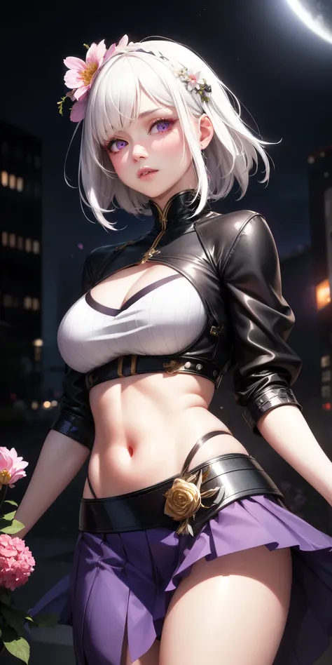 realistic, 1girl, white hair, purple eyes, glowing eyes, crop top, skirt, parted lips, blush, night, flowers, sun, sunlight,