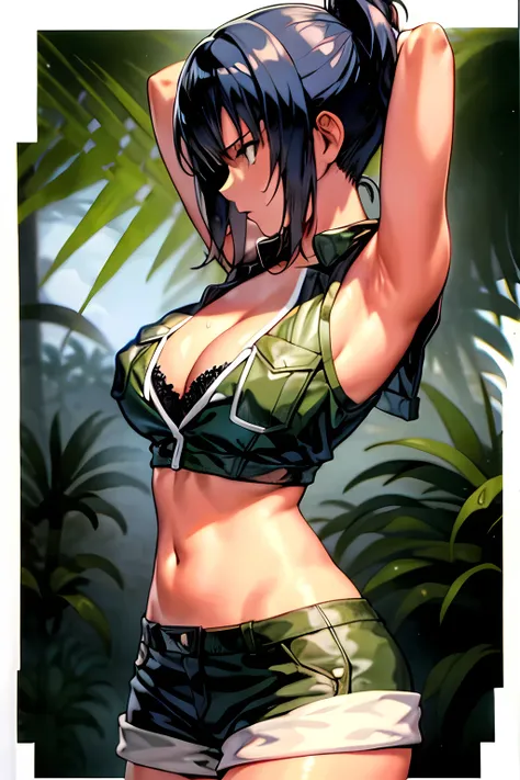 masterpiece, best quality, anime 1990s (style, leona heidern, fully open vest, black bra, green short,jungle, pony tail, wet, serious, gloves , sleeveless 