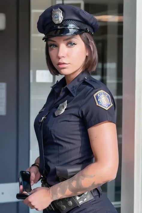 a fremale in a police uniform holding a cell phone, wearing a police uniform, police officer, police lights shine on her face, brave police j decker face, officer, bodycam, police uniform, full body camera shot, in black uniform, bodycam footage, sparkling...