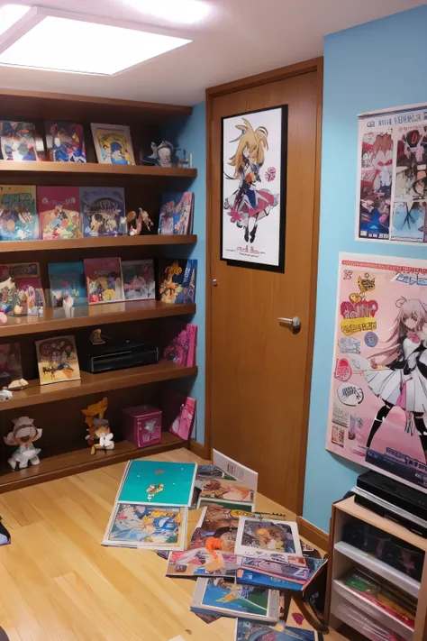 A room filled with anime posters and magical girl figures、Aspect Ratio 1:1