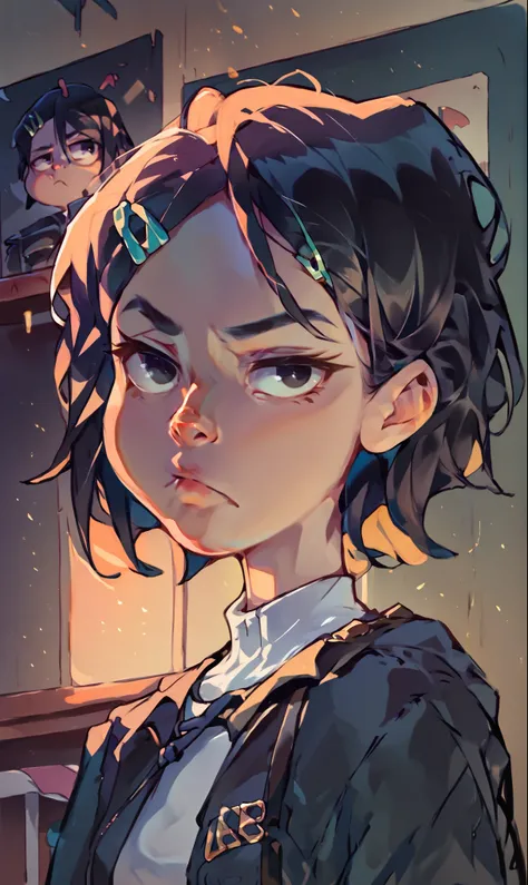 (score_9, score_8_up), score_7_up, score_6_up, score_5_up, score_4_up, Zenko, 1girl, black hair, rim lighting, half-length portrait, hair ornament, hairclip, black eyes, short hair, black leather jacket, white dress, standing, hands behind back, looking aw...