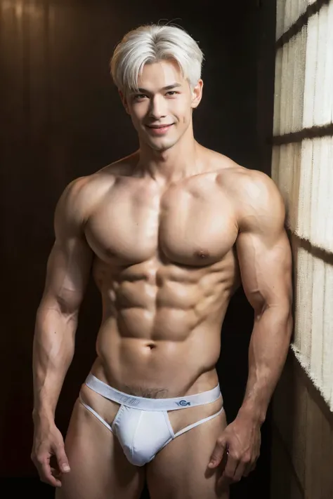 ((masterpiece)), ((best quality)), ((high resolution)), ((Detailed background)), ((Extremely detailed CG unified 8k wallpaper)), alone, Young men, wearing only micro thong, white hair,short hair,Smile,thin waist,6-pack abs,sexly pectoral muscles,sexly, Thi...