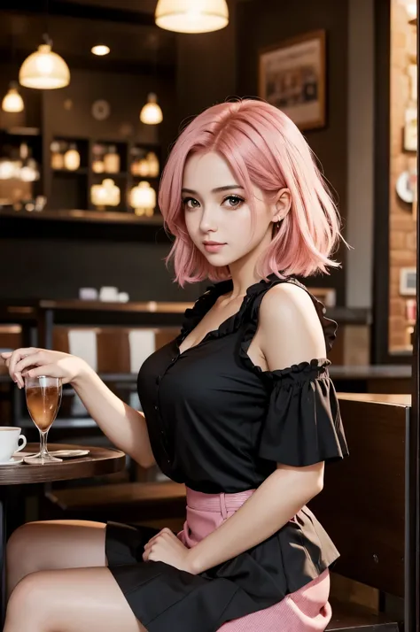 Beautiful girl with brown eyes and pink hair in a black blouse and short skirt sensual in a cafe close-up photo shoot 