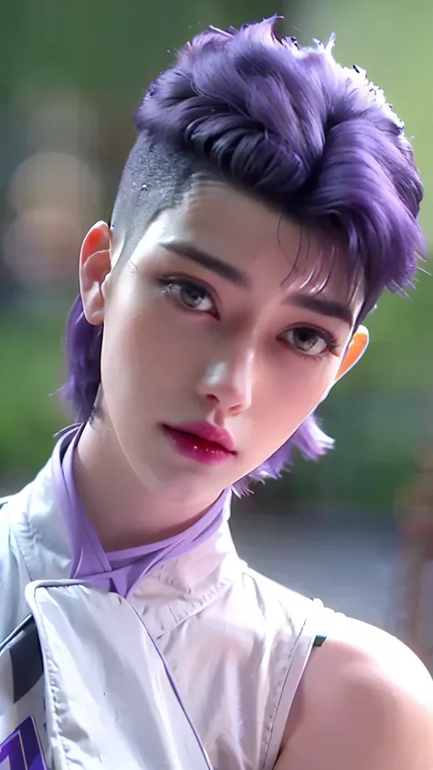 (hi-top fade:1.3), length purple hair, close up