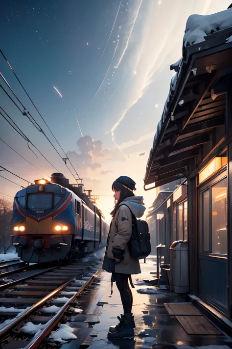 (Scenery before dawn:1.5)、Snow-covered station platform in a rural town、Diesel trains、Extending railway line、winter、Faint starry sky、People waiting for a train、Photorealistic、Photorealistic:1.37、Highest quality、4K、8K、High resolution、masterpiece:1.2、Super d...