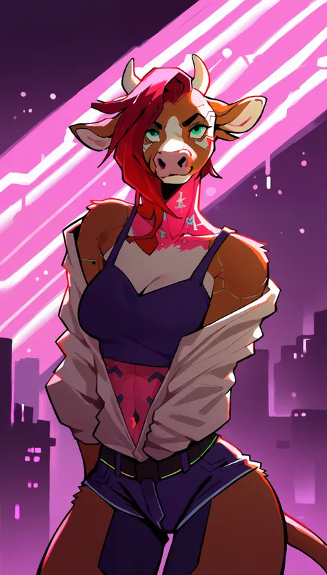 score_9, score_8_up, score_7_up, (cyberpunk buildings, cyberpunk neon signs, cyberpunk cars, cyberpunk-style city on background),
((Cow:1.2), anthro, solo, female, (closeup portrait, focus on face, dancing), (holding, large boobs), ((wearing clothes)), ((h...