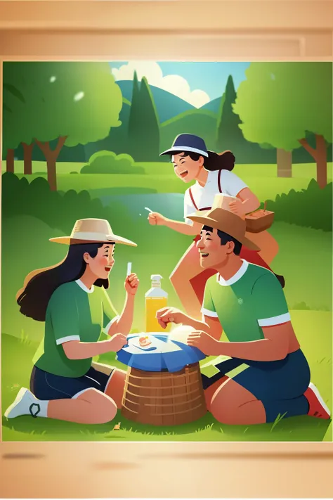 有一张poster，the picture above shows a family having a picnic in the field., chiba yuda, camping，ten ten，intermediate metaverse, po...