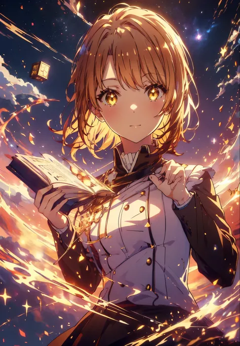 Irohaisshiki, isshiki iroha, short hair, Brown Hair, (Brown eyes:1.5), smile,((Night Sky)),((Big full moon)),((Sparkling and colorful stars)),Fluffy hair,((Idol style costume with soft volume)),Long skirt,Holding a magic book in his right hand、,Use magic w...