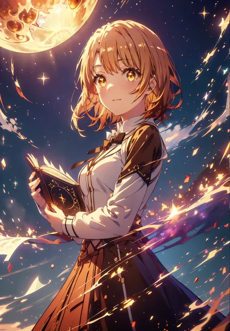 Irohaisshiki, isshiki iroha, short hair, Brown Hair, (Brown eyes:1.5), smile,((Night Sky)),((Big full moon)),((Sparkling and colorful stars)),Fluffy hair,((Idol style costume with soft volume)),Long skirt,Holding a magic book in his right hand、,Use magic w...