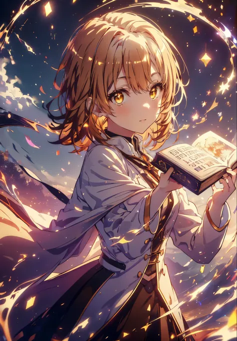 Irohaisshiki, isshiki iroha, short hair, Brown Hair, (Brown eyes:1.5), smile,((Night Sky)),((Big full moon)),((Sparkling and colorful stars)),Fluffy hair,((Idol style costume with soft volume)),Long skirt,Holding a magic book in his right hand、,Use magic w...