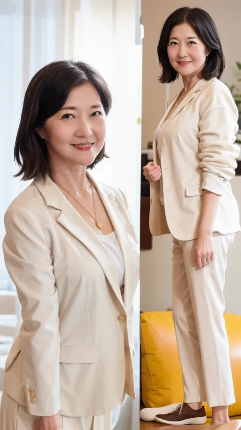 60-year-old female， Soft headlight，High-density imaging，（Clean and delicate face），((White suit))，((Various dynamic poses))，((((Half-length photo))))，((White curtains in the background))，best quality，masterpiece，（Soft colors：1.2）