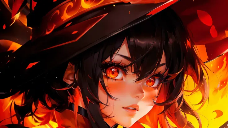 anime girl with hat, red dress and black jacket., Megumin, fire Eyes, bright orange eyes, ojos rburning eyes y ardientes, orange eyes, avatar image, witch girl, bright fire Eyes, black fur wizard, bright orange eyes, Bright ember eyes, burning eyes, Ryuko ...