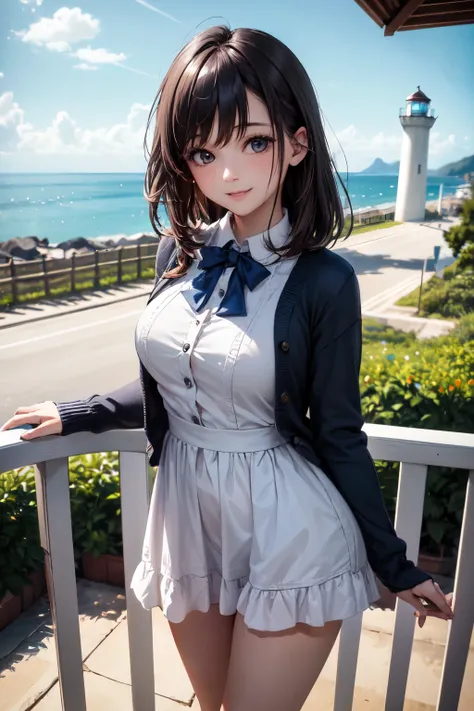 very cute and beautiful girl,(highly detailed beautiful face),
frilled white summer dress with detailed lace,(navyblue cardigan),standing,
from hilltop,ocean view,grassland,fence,distant white lighthouse,beautiful summer sky,
(smile:1.2),happy,black hair,m...