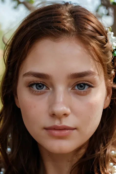 A very close-up of a womans face with minimal make-up, natural skin texture, a natural flower near her cheek, a strand of pearls on her forehead, loose auburn hair, soft blue eyes, and His cheeks and neck are covered with garlands.