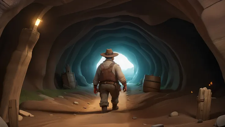 A mysterious path inside the cave, filled with dangerous traps, with farmer cautiously navigating through them, make clear facial features details.