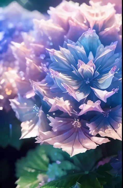 crystal flower, Fantasy, Milky Way, transparent, Sparkling, Sparkling, wonderful, colorful, Magical Pictures, Dramatic lighting, Photographic realism, Super detailed, 4K, Depth of written boundary, High resolution,(((hydrangea))),((drop))