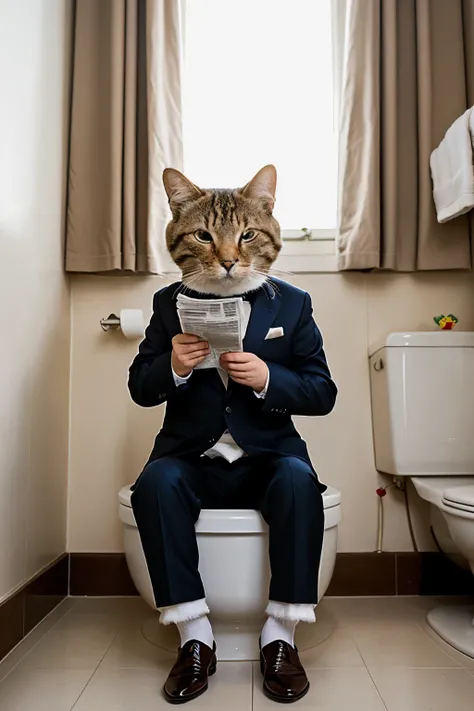 ((Лучшее качество)), ((шедевр)), (подробный), A cat in a suit is sitting on the toilet and reading a newspaper, with one of the fingers on his paw raised up.