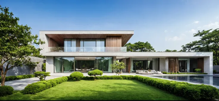 qlcd,tingyuan, photo of modern villa, grassland, garden, shrubs and trees, rock decoration, clear sky, sun light, realistic phot...