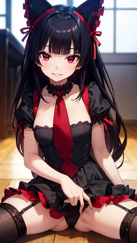 (upper body:1.3),rory mercury, long hair, black hair, (red eyes:1.3), bangs, blunt bangs, hime cut,thighhighs, bow, ribbon, hair ribbon, garter straps, dress, black dress, puffy sleeves, frills, detached sleeves, necktie, red necktie, lipstick, purple lips...