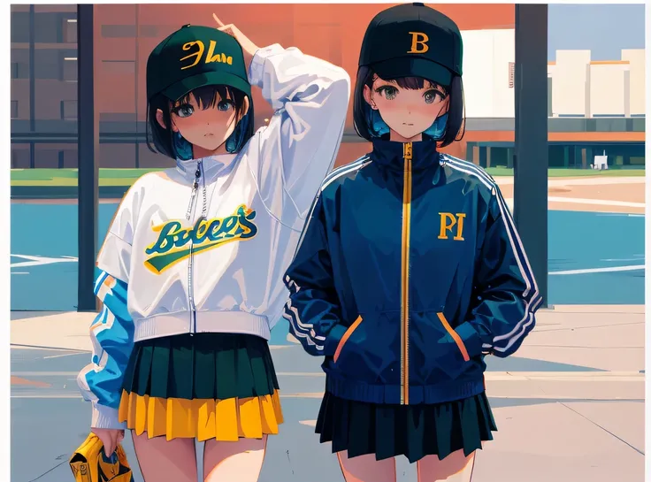 track jacket、Bobcut、Baseball cap、skirt