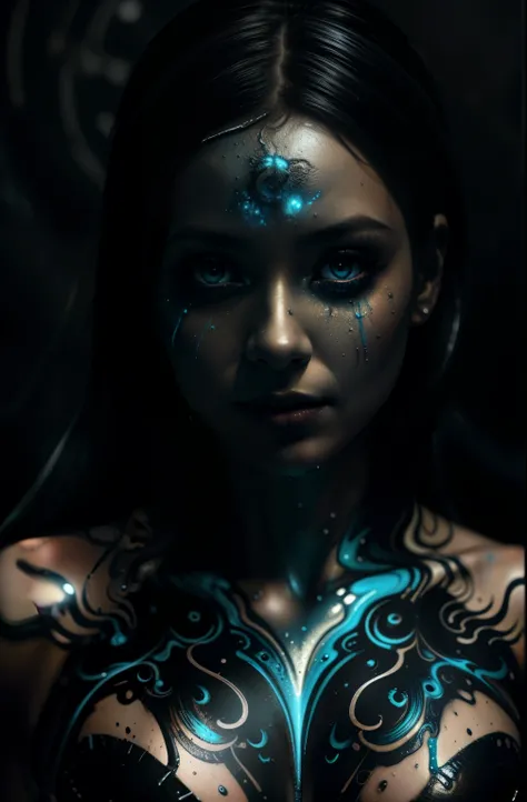 1girl, glowing eyes, extremely detailed face Alberto seveso art, dancing sillhouette, water ink, ink water, ink cloud, alberto seveso art, loose painting style, intricate detail, cinematic lighting, octane render, 8k render, volumetric lighting, body paint