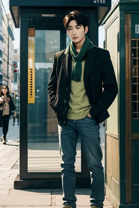 full body portrait of a handsome Korean man wearing a green denim jacket,black shirt,blue scarf around the neck,the man was calling at a public telephone booth ,the man faced forward