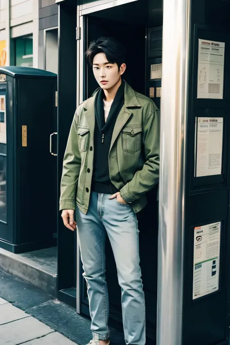 full body portrait of a handsome Korean man wearing a green denim jacket,black shirt,blue scarf around the neck,the man was calling at a public telephone booth ,the man faced forward