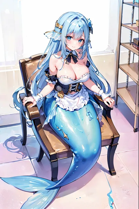 (masterpiece, best quality),(perfect five fingers,Four fingers and a thumb in optimal proportions),A young girl,Large Breasts,Mermaid,Long hair,maid,Silky hair,sweet smile,Maid costume,sit on the chair,full-body shot,kitchen,(Exquisite eyes)