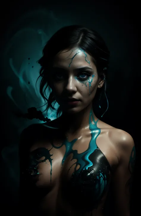 1girl, glowing eyes, extremely detailed face Alberto seveso art, dancing sillhouette, water ink, ink water, ink cloud, alberto seveso art, loose painting style, intricate detail, cinematic lighting, octane render, 8k render, volumetric lighting, body paint