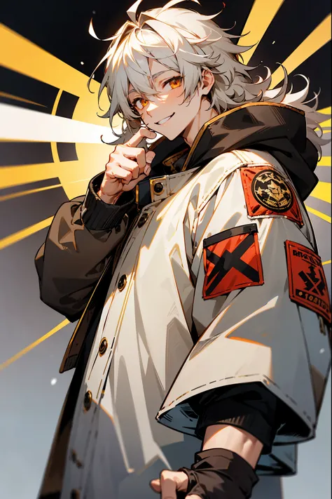 1male , Greyish White Hair , Golden Eyes , Smiling Expression , Messy Hair , Muscular , Baggy brown Bomber jacket with a red and black X patch on the shoulder , Perfect Generation , Young Male , Snowy Tundra Background , 