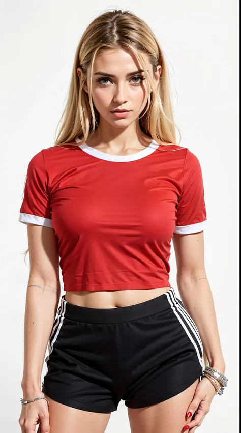 a close-up of a woman wearing a red blouse and black shorts, white t-shirt with red sleeves, top cut, with torn t-shirt, Red shirt, top cut, red shirt, wearing a cropped tops, wearing top cut, manga curta, usando um top cropped sexy, black red white clothe...