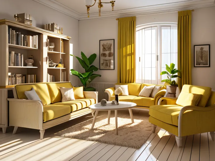 insanely detailed dollhouse, cozy bedroom, cute 3d render, attractive lights and shadows, white and yellow cushions, architecture, furniture, indoors, building, living room, room, rug, plants, home decoration, sofa, chair, interior design  