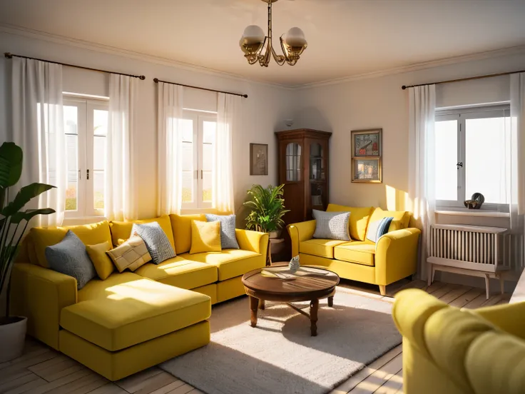 insanely detailed dollhouse, cozy bedroom, cute 3d render, attractive lights and shadows, white and yellow cushions, architecture, furniture, indoors, building, living room, room, rug, plants, home decoration, sofa, chair, interior design  