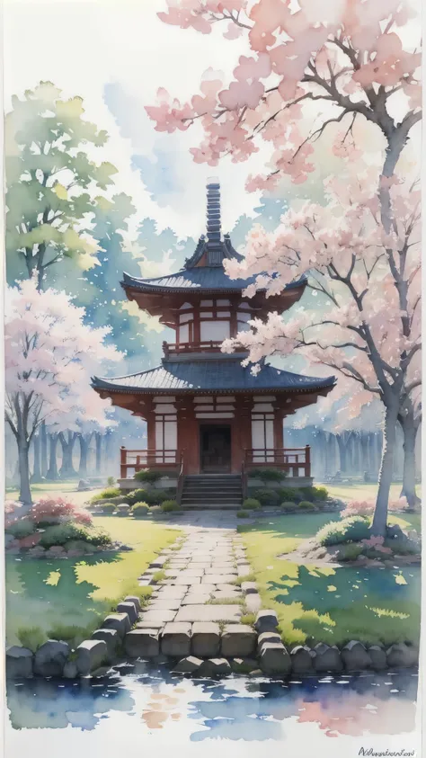 (masterpiece),(Highest quality:1.2),(Very detailed:1.2),(High resolution),(((watercolor))),8K,wallpaper,Japanese Temples,spring