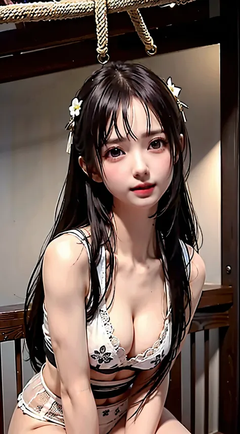 Brunette Girl, big Smile, Super beautiful sparkling eyes、Girl hanging from ceiling with arms tied with rough rope、Sweat、The rope bound her body、Wet body、Rough rope digging into crotch、A large amount of liquid flows out from the groin、One leg is suspended a...