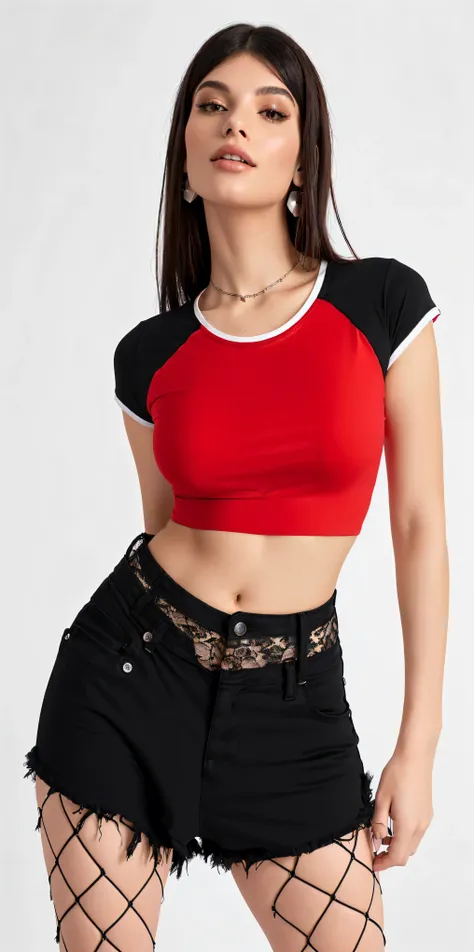 a woman in a red blouse and black shorts posing for a photo, with torn t-shirt, only black and red, top cut, usando um top cropped sexy, top cut, red black, wearing a cropped tops, Physicist : smallest belly ever, red and black, black red white clothes, we...