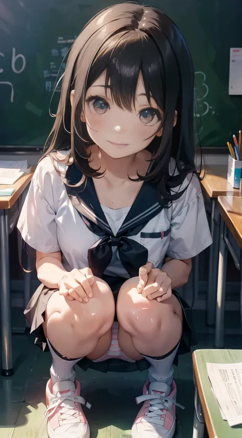 Anime girl sitting at a classroom desk with a blackboard, beautifulアニメのhigh school girl, cute anime girl, white pantiesー,cute, seductive anime girl, anime moe art style, squatbeautifulanimegirl, anime best girls, Smooth anime CG art, attractive anime girl,...