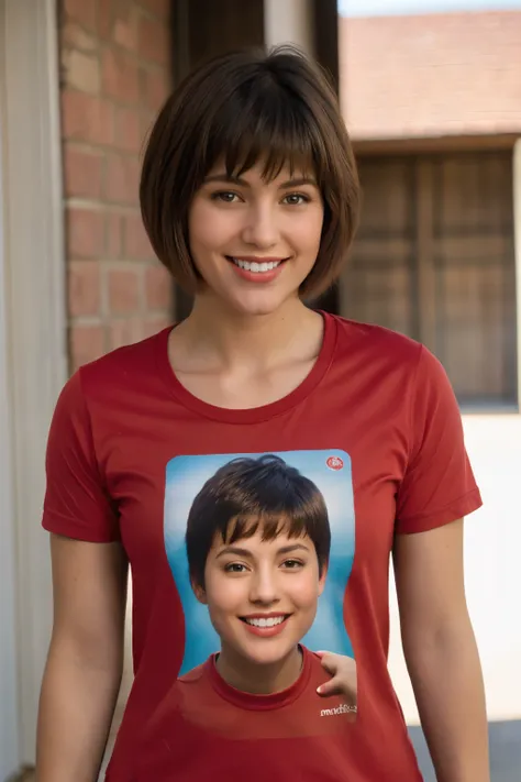 brunette ,pixie haircut!!!!!!!! in a red T-shirt, The background is light, Look into the eyes, smile