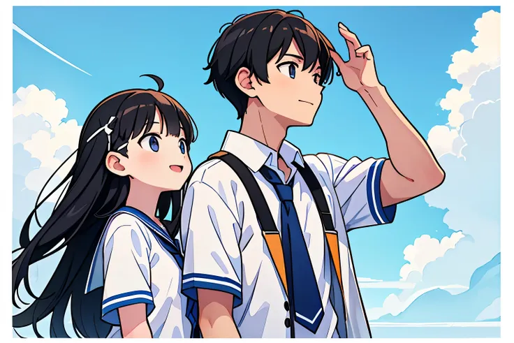 masterpiece, There are two people, Boy and Girl, ((Looking up to the sky)), Summer uniform, 16 years old, black hair, There is a little distance between the two, ((white background)), Two people stand side by side, smile, school, 