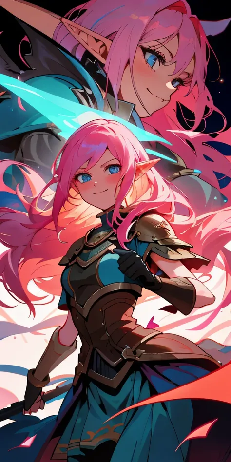 Very detailed illustration of a valkyrie, elf woman, long dark-pink hair, smirk, blue eyes, blushed, zoomed, detailed colorful port environment, whimsical, tetradic colors, cartoon, darkest dungeon merged with league of legends, MSchiffer, fairytale, fanta...