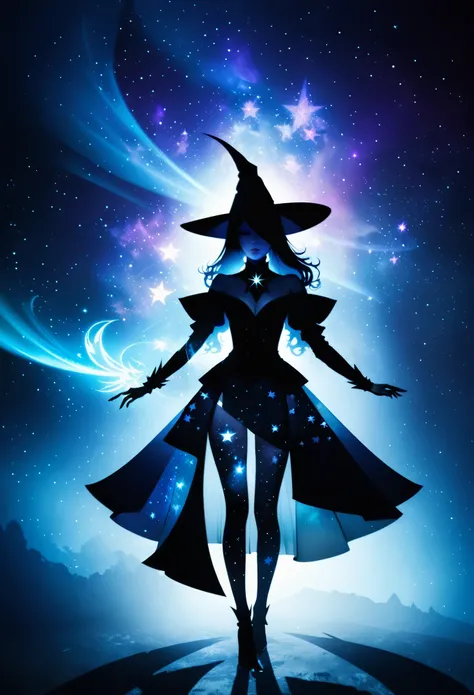 (Double Exposure:1.5)，in style of Thierry Mugler，Magic witch and balalaika from the nebula，fantasy,Witch costumes，Japanese anime style，(Dark atmosphere:1.2)，(Extreme shadows:1.2)，(Witch in the shadows:1.2)，