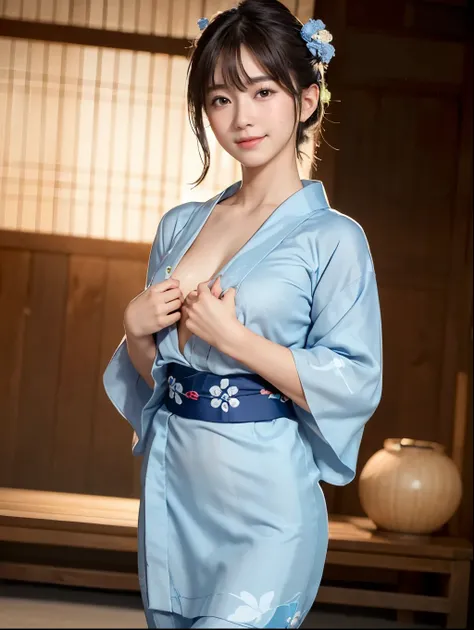 (masterpiece), (Highest quality), (naked:1.5), (Very short light blue yukata with open chest:1.5), (Ultra-thin raw land:1.5), (Blushed:1.3), (上半身naked:1.3), (Spilling:1.4), (Realistic:1.5), 1 , Accurate hands, Embarrassed look, smile, Very cute girl, Baby ...