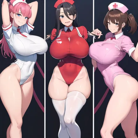 nurse uniform leotard,big breast,smile,Three women side by side,