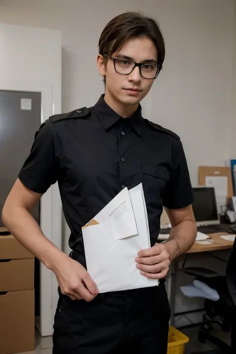 make a picture of a skinny man in uniform with glasses being a worker