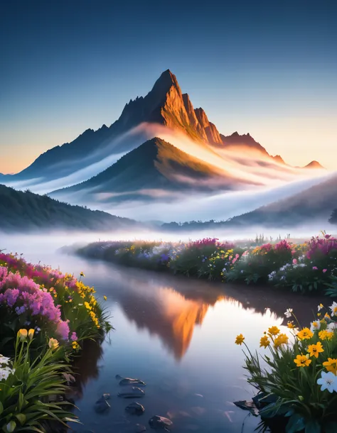 landscape photography, 
sunrise morning, 
rugged mountain peak, 
deep fog like a sea of clouds, 
flowers wet with night dew, 
su...